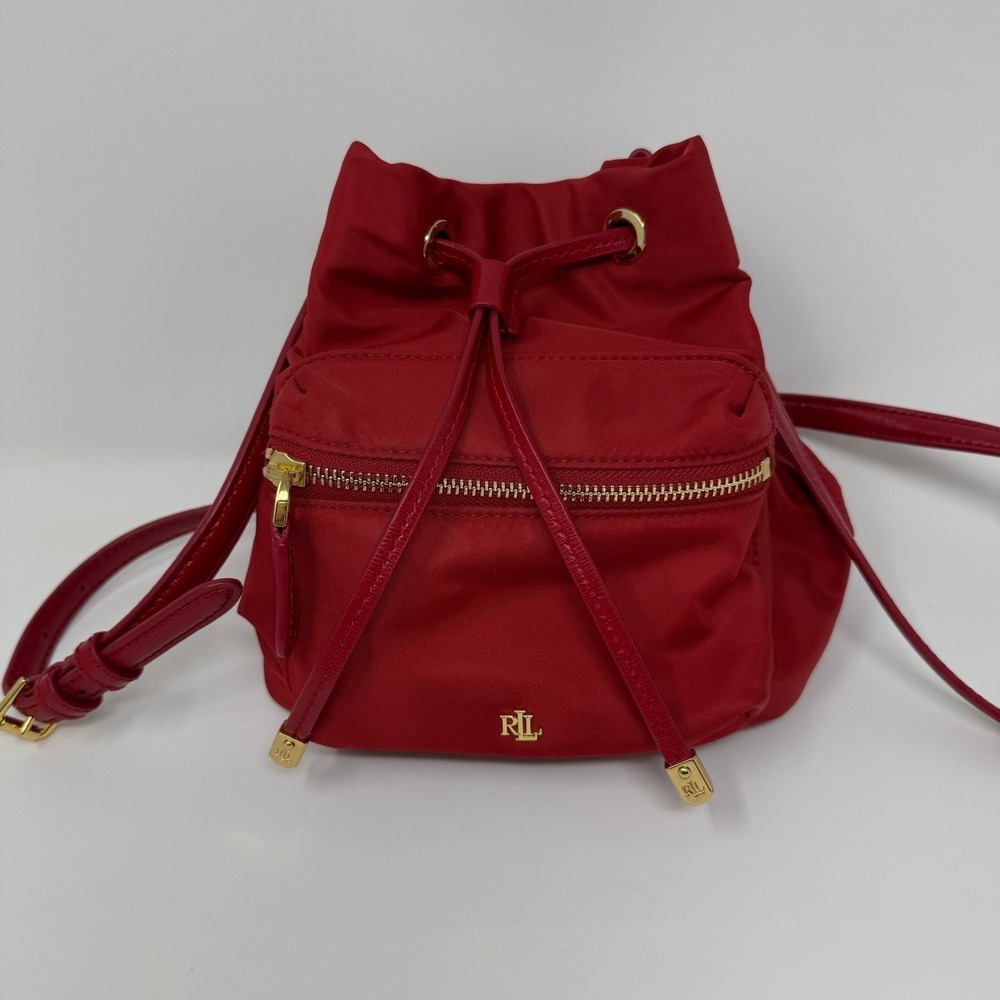 Ralph Lauren Debby II Red Nylon Drawstring Bucket Bag Crossbody Gold Hardware